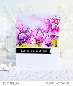 a close up of a card with watercolor flowers on it and the words thank you for being my friend