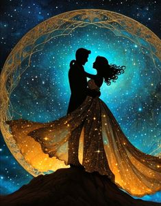 a man and woman standing on top of a hill under the moon with stars in the sky