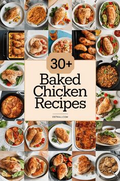 the words 30 + baked chicken recipes are overlaid by photos of various dishes and plates