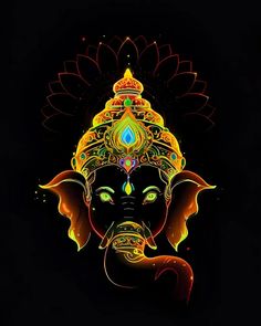 an image of the face of lord ganesha in neon colors on a black background