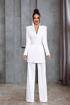 White 2-Piece Formal Pantsuit For Women With Elongated Deep V Jacket, Wide Belt And High Waisted Flared Pants. Bridal, Rehearsal Вinner Suit. White suit. Formal Pantsuit. Women's Pantsuit. Business Pantsuit. Pantsuit. White pantsuit. White set. Wedding suit. Bridal Pantsuit. Wedding Pantsuit Bridal Suit. Flare Pant Suit. Satin Pantsuit, Women's Pantsuit, Pantsuit Wedding, Formal Pantsuit, Boujee Style, Pantsuit For Women, Bridal Pantsuit, Formal Pant Suits, White Pantsuit