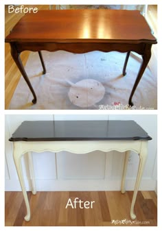 before and after photos of an old table