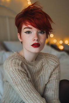 Red Short Hair Pixie, Short Red Hairstyles, Fancy Short Hair, Red Pixie Cut, Neat Hairstyles, Red Pixie Haircut, Short Copper Hair, Ruby Hair, Red Hair Short