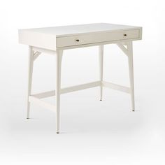 a white desk with two drawers sitting on top of it's legs and an open drawer