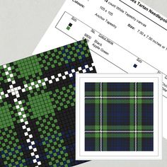 two cross stitch patterns are shown next to each other, one is green and the other is blue