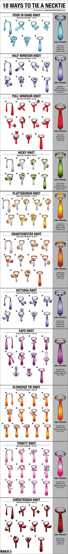 Here is a handy infographic that shows 18 ways to tie a necktie. How To Tie A Necktie, Tie A Necktie, Neck Tie Knots, Tie Knots, Things To Know, Good To Know, Different Types, Helpful Hints