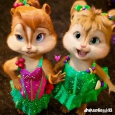 two little chipmuns dressed in green dresses