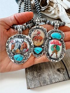 Western Print Pendant Necklace - Navajo Style Pearl Approx: 18” + 3” extender Pendant size: 2" Lobster claw closure Lead & nickle compliant Western Necklaces, Navajo Style, Western Jewelry, God Bless, Lobster Claw, Size 2, Necklaces, Pendant Necklace, Pendant