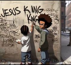 two young boys writing on a wall with the words jesus king and queen written on it