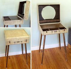 an old suitcase turned into a table with mirror and stool underneath it, sitting on a hard wood floor