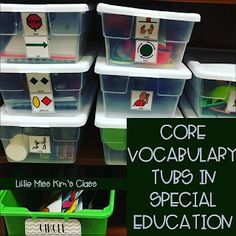 several bins with different types of items in them and the words core vocabulary tips in special education