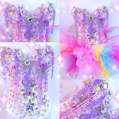 three different pictures of a corset made out of sequins and beads