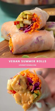 two images showing different types of food in wrappers and the same image with text that reads vegan summer rolls