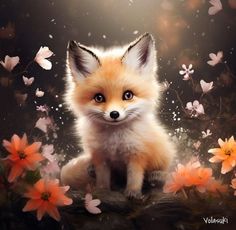 a little fox sitting on top of a rock surrounded by flowers