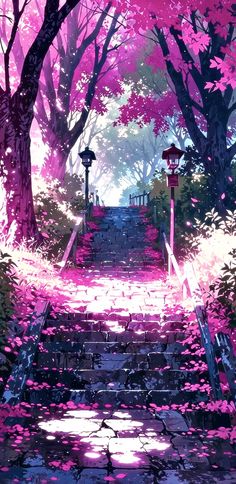 the stairs are covered in pink flowers as they lead up to an area with trees