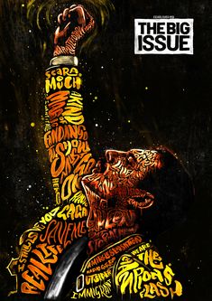 the big issue magazine cover featuring an image of a man with his arms in the air