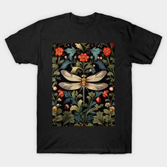 a black t - shirt with an image of a dragonfly and flowers on it