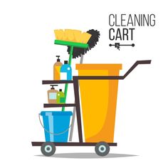 a cleaning cart with various items on it and the words cleaning cart written in black