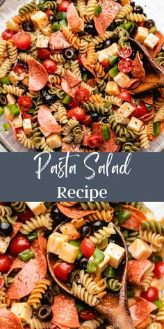 pasta salad recipe in a glass bowl with wooden spoons on the side and title overlay