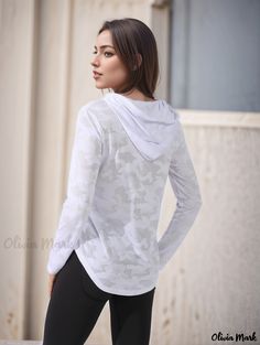 Olivia Mark - Women's Casual Drawstring Hoodie, Pullover Long Sleeves Active Hooded Sweatshirt, Women's Sweatshirts White Stretch Hooded Top, White Hooded Top For Gym, White Hooded Gym Top, White Hooded Casual Activewear, White Hooded Activewear For Outdoor, White Hooded Outdoor Activewear, White Moisture-wicking Hooded Activewear, White Cotton Workout Hoodie, Casual Workout Tops With Drawstring Hood