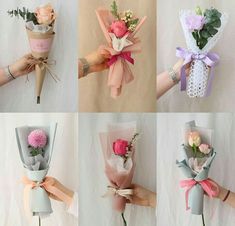 six different bouquets of flowers being held by someone's hands with ribbons around them