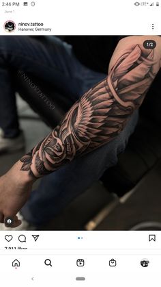 a man's arm with an eagle and rose tattoo on the left forearm, in black and grey