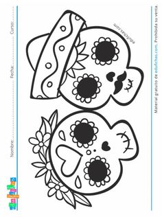 a coloring page with two skulls and flowers