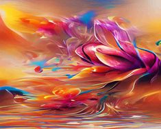 an abstract painting with bright colors and flowers on the water's surface is featured in this image