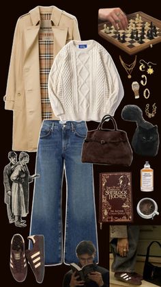 a collage of clothing and accessories including sweaters, jeans, shoes, handbag