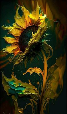 a painting of a sunflower with green and yellow swirls on it's petals