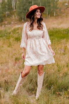 Wildflower Meadows Tulle Dress Amber Massey X Pink Lily Brown Cowboy Boots With Dress, Western Dance Dress, Plus Size Dress With Boots, White Fall Dresses, Dress With Boots Wedding Guest, Wedding Guest Dress With Cowboy Boots, Tall Boots With Dress, Dress Ideas For Engagement, Pink Cowgirl Dress