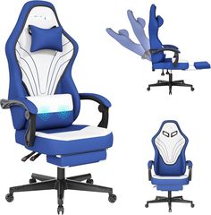 a blue and white office chair with armrests, arms outstretched to the side