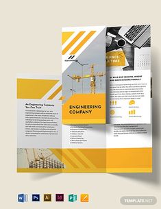 a yellow and white brochure with construction equipment on the front, and an image of