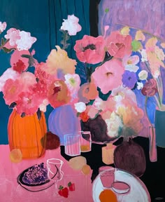 a painting of flowers in vases and plates on a pink tablecloth with blue curtains