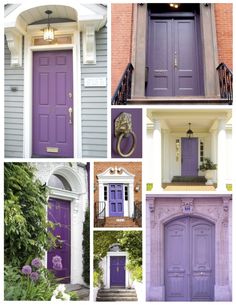 purple front doors and windows with white trim