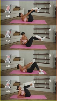 a woman doing exercises on a pink mat in front of a wall with text that reads,