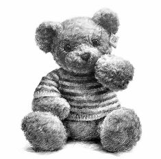 a black and white drawing of a teddy bear with a sweater on it's chest