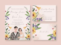 wedding stationery with watercolor flowers and florals on it, including the bride and groom