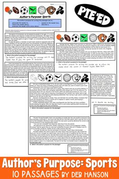 the author's purpose sports worksheet is shown in three different styles and colors