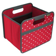 a red and white polka dot storage bin