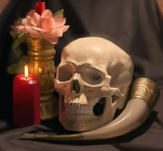 a painting of a human skull and a candle