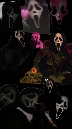 two people wearing masks and one with a flower in front of them, surrounded by fake faces