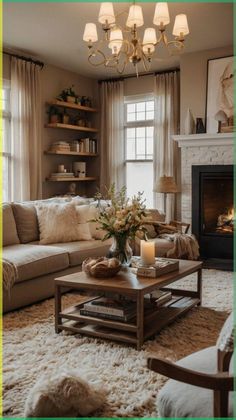 a living room filled with furniture and a fire place under a chandelier in front of a window