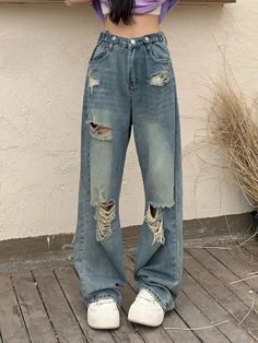 Release Date : 2024 Thickness : Regular Age : 18-24 Style : Streetwear Jeans Style : Straight Fit Type : Loose Fabric Type : Cotton Denim Waist Type : High Closure Type : Zipper Fly Length : Full Length Material : Polyester Gender : Women Item Type : Jeans Elasticity : Slight Strech Trashy Outfits, Womens Ripped Jeans, Denim Decor, Blue Ripped Jeans, Designer Pants, Casual Denim Pants, Streetwear Jeans, Jeans Y2k, Pants Design