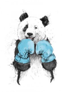 a panda bear with blue boxing gloves on it's chest and his head in the air