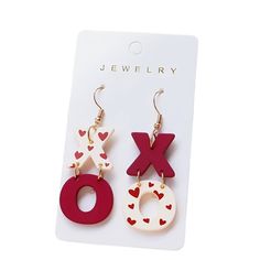 Valentines Day Red & White Xo Dangle Earrings. New! Lightweight Acrylic Stainless Steel Posts 2.48 In High X .91 In Wide Clay Earrings, Red White, Red And White, Dangle Earrings, Valentines Day, Jewelry Earrings, Women Jewelry