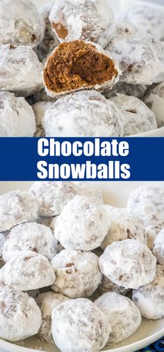 chocolate snowballs with powdered sugar on top in a white bowl and blue background