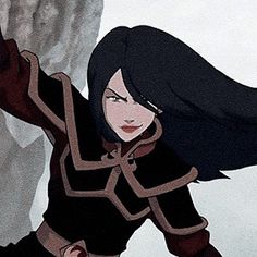 an animated image of a woman with long hair and black hair, standing in front of a cliff