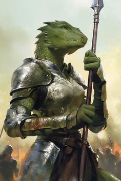 a green dragon dressed in armor holding a spear