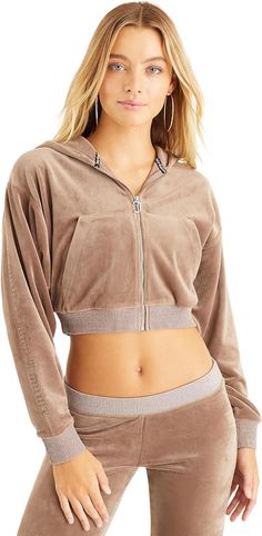 Juicy Couture C Solid Classic Juicy Hoodie with Back Bling Pewter LG at Amazon Women’s Clothing store Juicy Hoodie, Uniqlo Hoodie, Trim Styles, Velour Fabric, Peter Rabbit, Crop Jacket, Full Zip Hoodie, Hoodie Top, Aeropostale